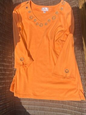 Quacker Factory Orange Grommet Trim V-Neck Tunic Top